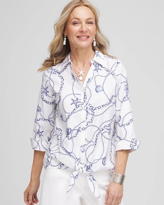 【美品】LACE COMBI HALF SLEEVE JACKET SHIRT No Iron™ Seashell Tie-Front Top | Chico's